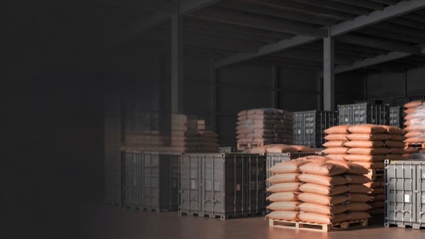 Warehouse stacked with export sacks